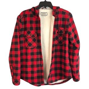 Boston Traders Red Black Flannel Fleece Lined Button Up Shirt with Hood